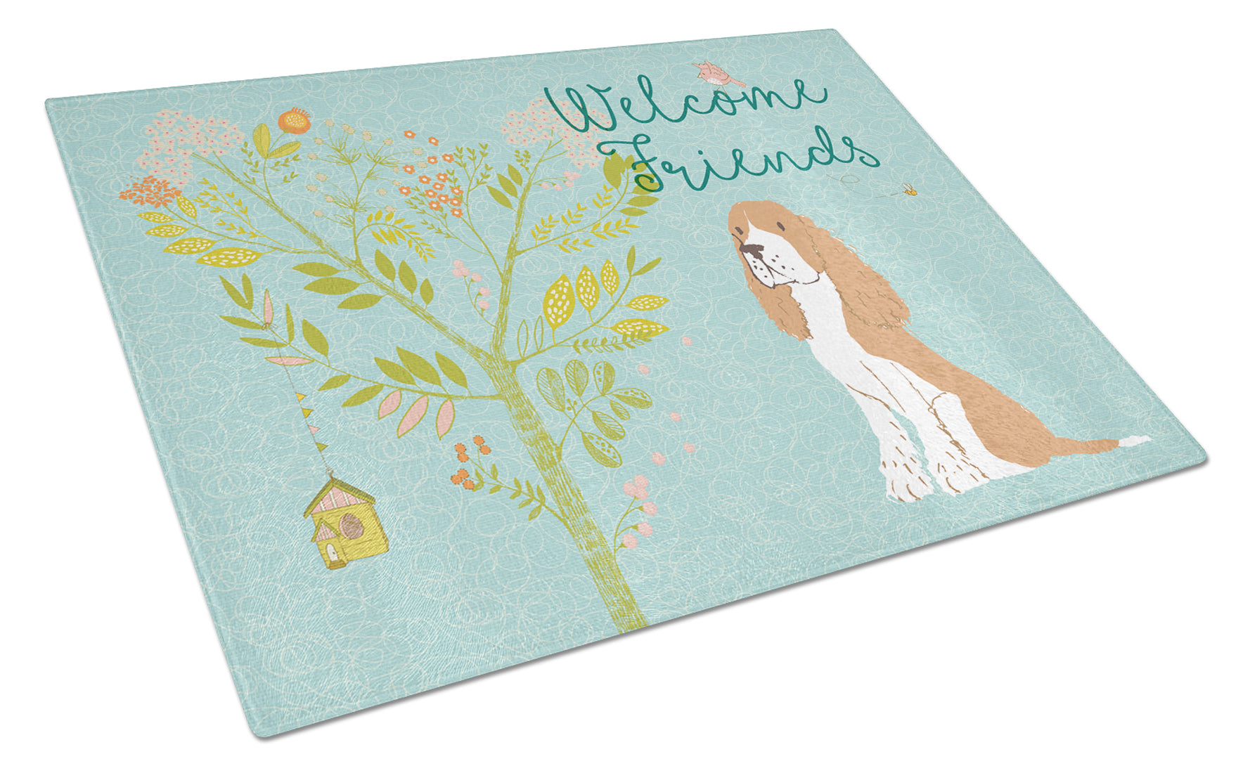 Welcome Friends Gold Springer Spaniel Cutting Board Tempered Glass Kitchen Cutting Surface, Heat Resistant Chopping, Non-Slip Feet, Food Prep & Serving
