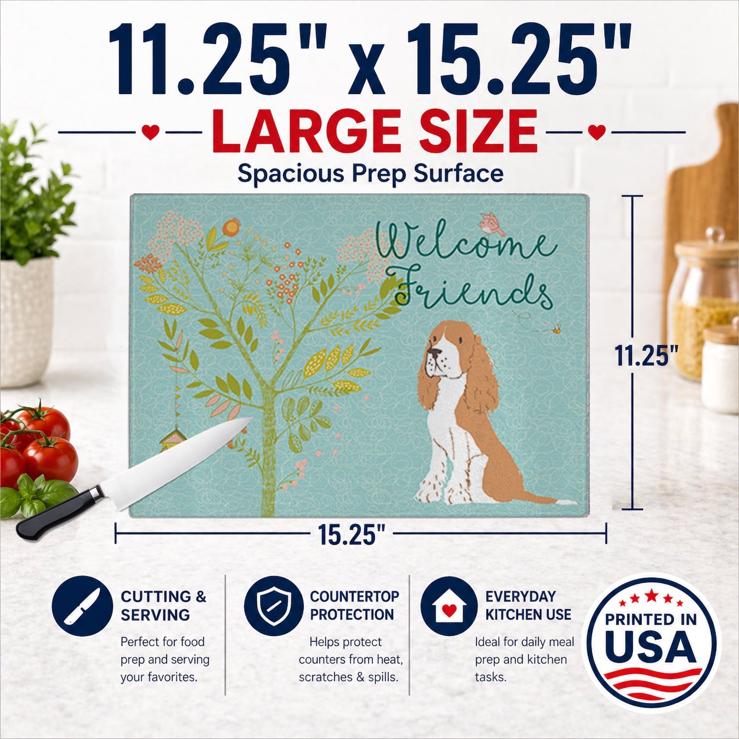 Welcome Friends Gold Springer Spaniel Cutting Board Tempered Glass Kitchen Cutting Surface, Heat Resistant Chopping, Non-Slip Feet, Food Prep & Serving