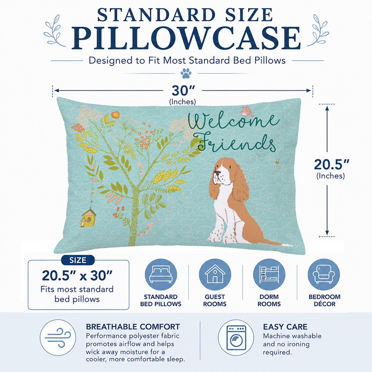 Welcome Friends Gold Springer Spaniel Standard Pillowcase Lightweight Super Soft Easy Care Decorative Artwork Pillowcase, Standard