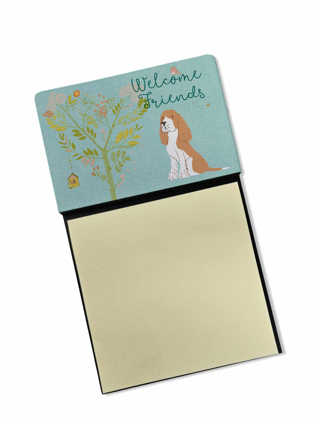 Welcome Friends Gold Springer Spaniel Watercolor Sticky Note Holder Refillable Dispenser Desk Accessory 3x3 Pad Gift