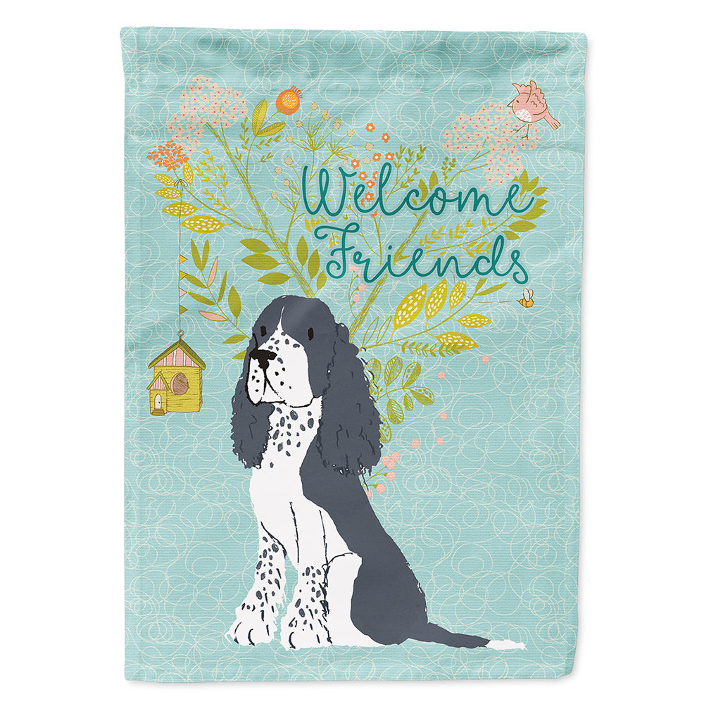 Welcome Friends Black Springer Spaniel House Flag 28x40 Porch Sleeve Pole Decorative Outside Yard Banner Artwork Wall Hanging, Polyester