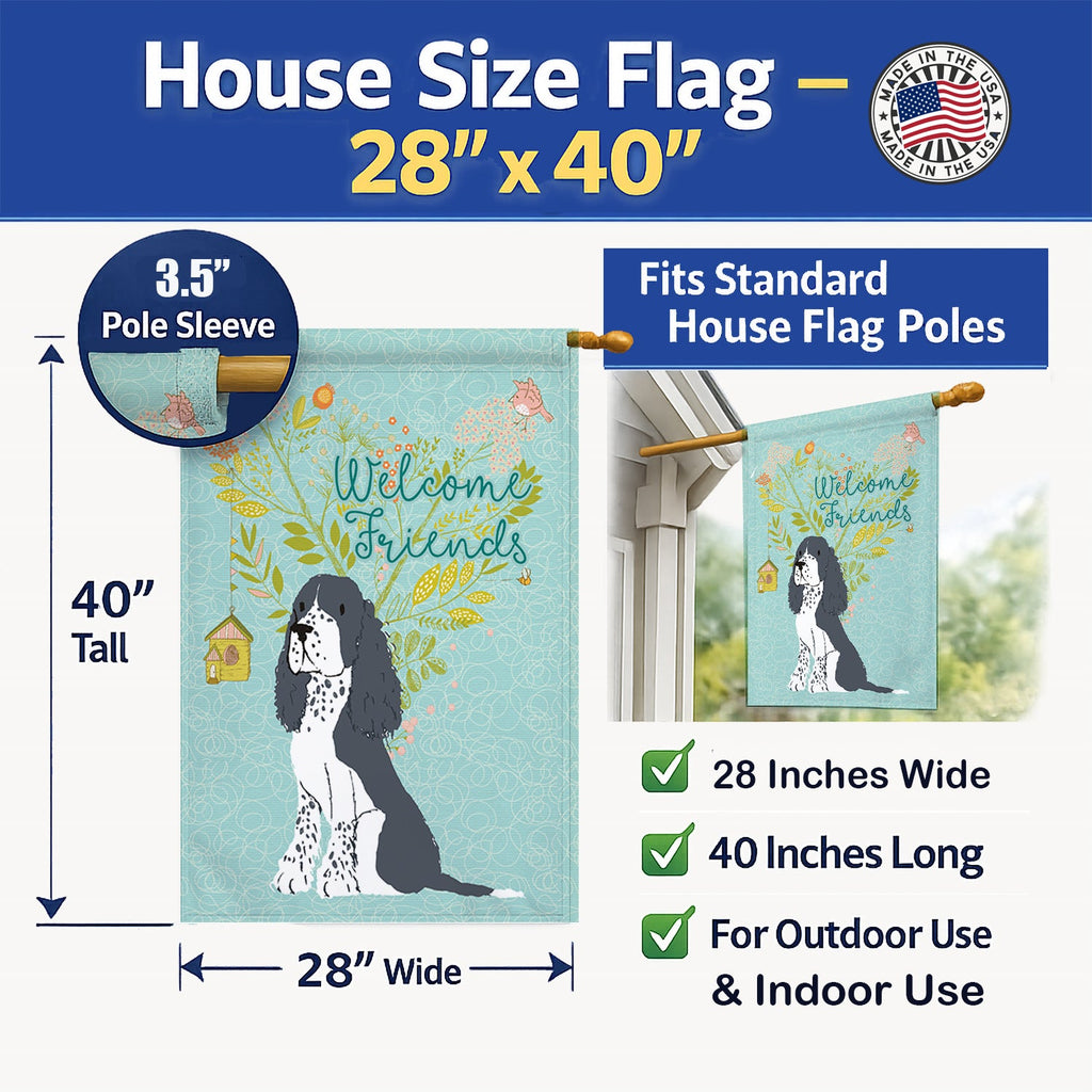 Welcome Friends Black Springer Spaniel House Flag 28x40 Porch Sleeve Pole Decorative Outside Yard Banner Artwork Wall Hanging, Polyester