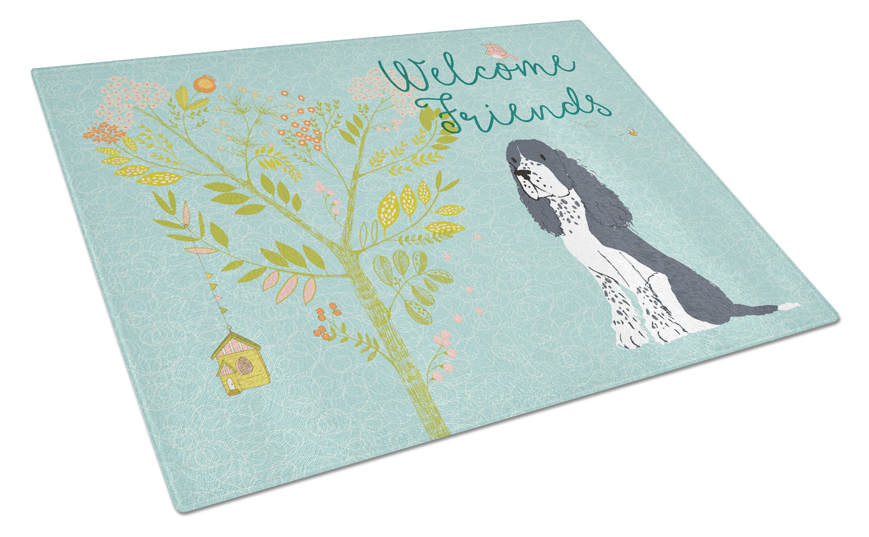 Welcome Friends Black Springer Spaniel Cutting Board Tempered Glass Kitchen Cutting Surface, Heat Resistant Chopping, Non-Slip Feet, Food Prep & Serving