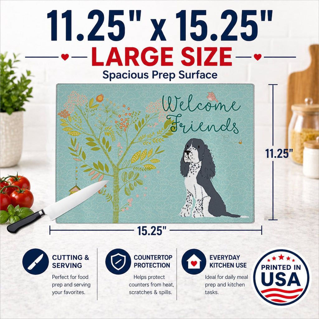 Welcome Friends Black Springer Spaniel Cutting Board Tempered Glass Kitchen Cutting Surface, Heat Resistant Chopping, Non-Slip Feet, Food Prep & Serving