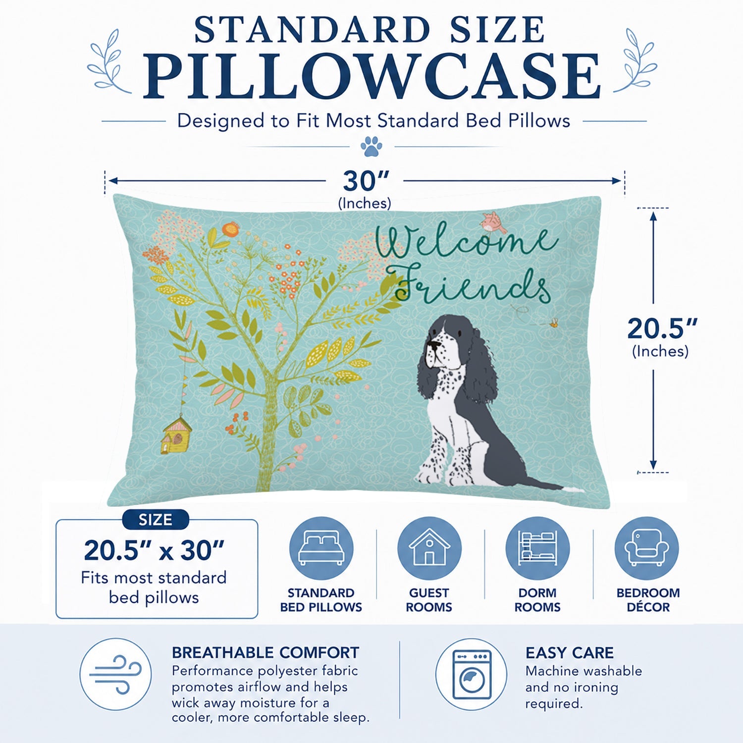Welcome Friends Black Springer Spaniel Standard Pillowcase Lightweight Super Soft Easy Care Decorative Artwork Pillowcase, Standard