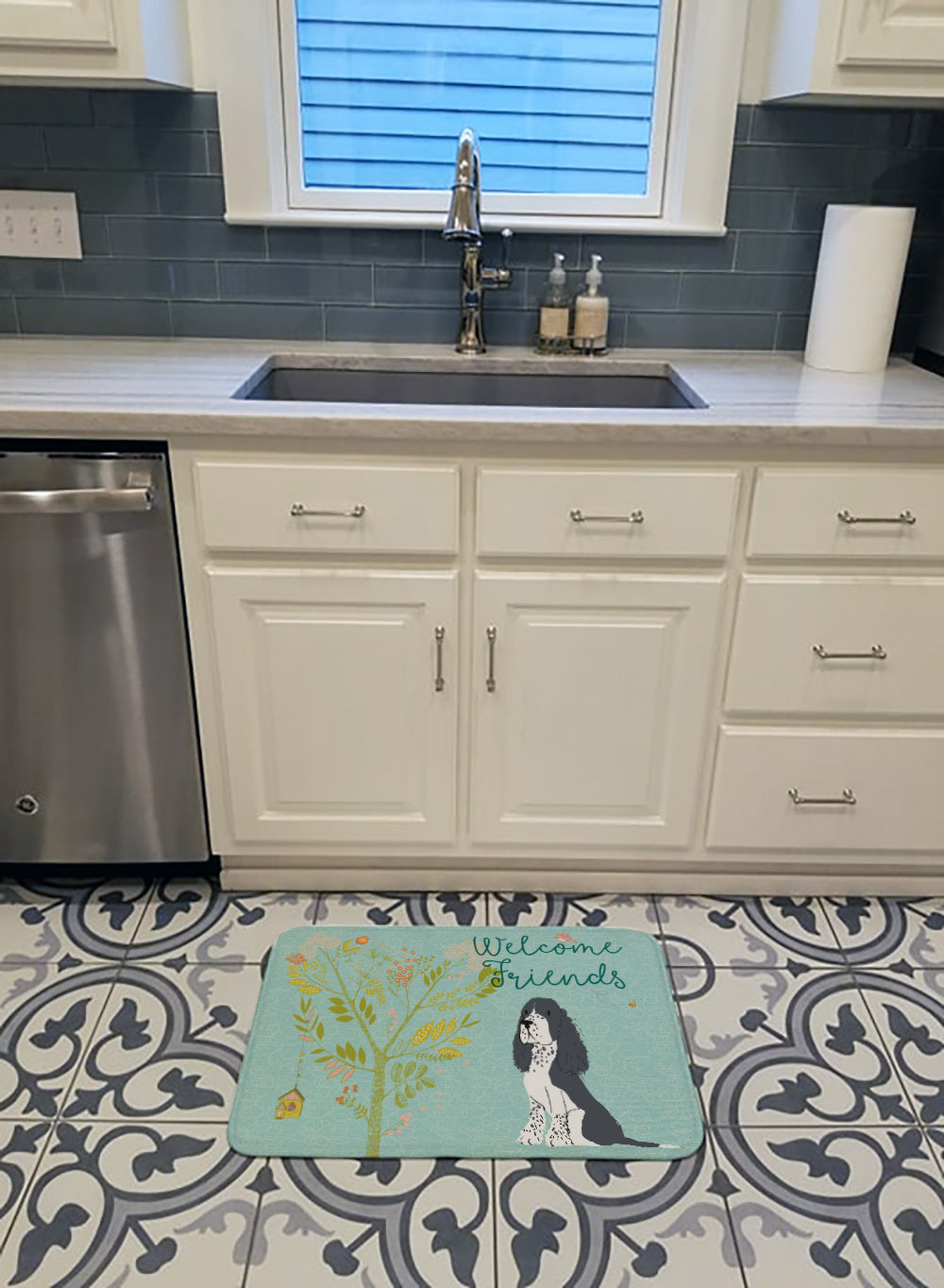 Welcome Friends Black Springer Spaniel Memory Foam Kitchen Mat Machine Washable Anti-Fatigue Cushion Comfort Bath or Kitchen Rug