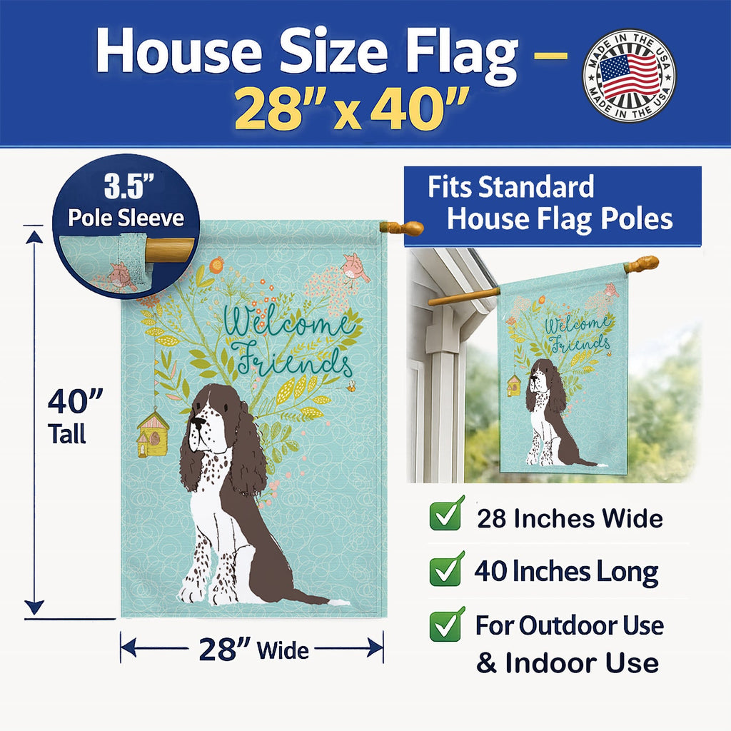 Welcome Friends Brown Springer Spaniel House Flag 28x40 Porch Sleeve Pole Decorative Outside Yard Banner Artwork Wall Hanging, Polyester