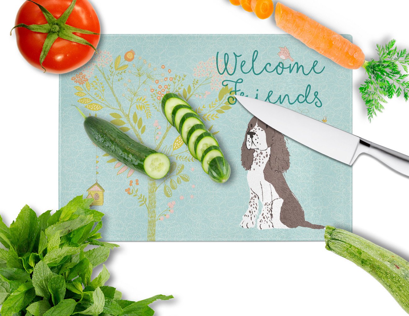 Welcome Friends Brown Springer Spaniel Cutting Board Tempered Glass Kitchen Cutting Surface, Heat Resistant Chopping, Non-Slip Feet, Food Prep & Serving
