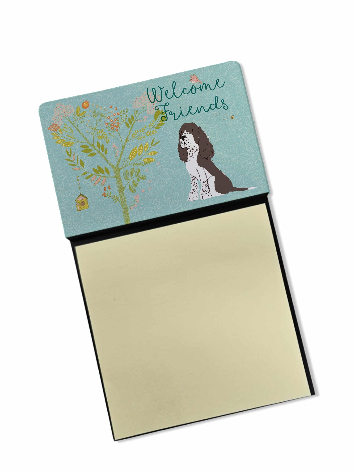 Welcome Friends Brown Springer Spaniel Watercolor Sticky Note Holder Refillable Dispenser Desk Accessory 3x3 Pad Gift