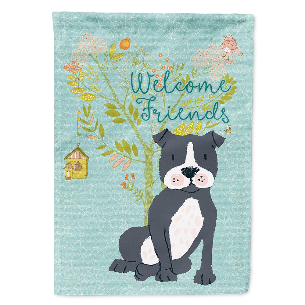 Welcome Friends Black Staffie House Flag 28x40 Porch Sleeve Pole Decorative Outside Yard Banner Artwork Wall Hanging, Polyester