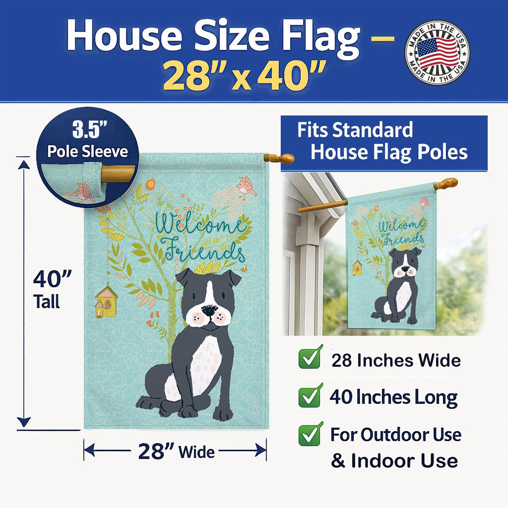 Welcome Friends Black Staffie House Flag 28x40 Porch Sleeve Pole Decorative Outside Yard Banner Artwork Wall Hanging, Polyester