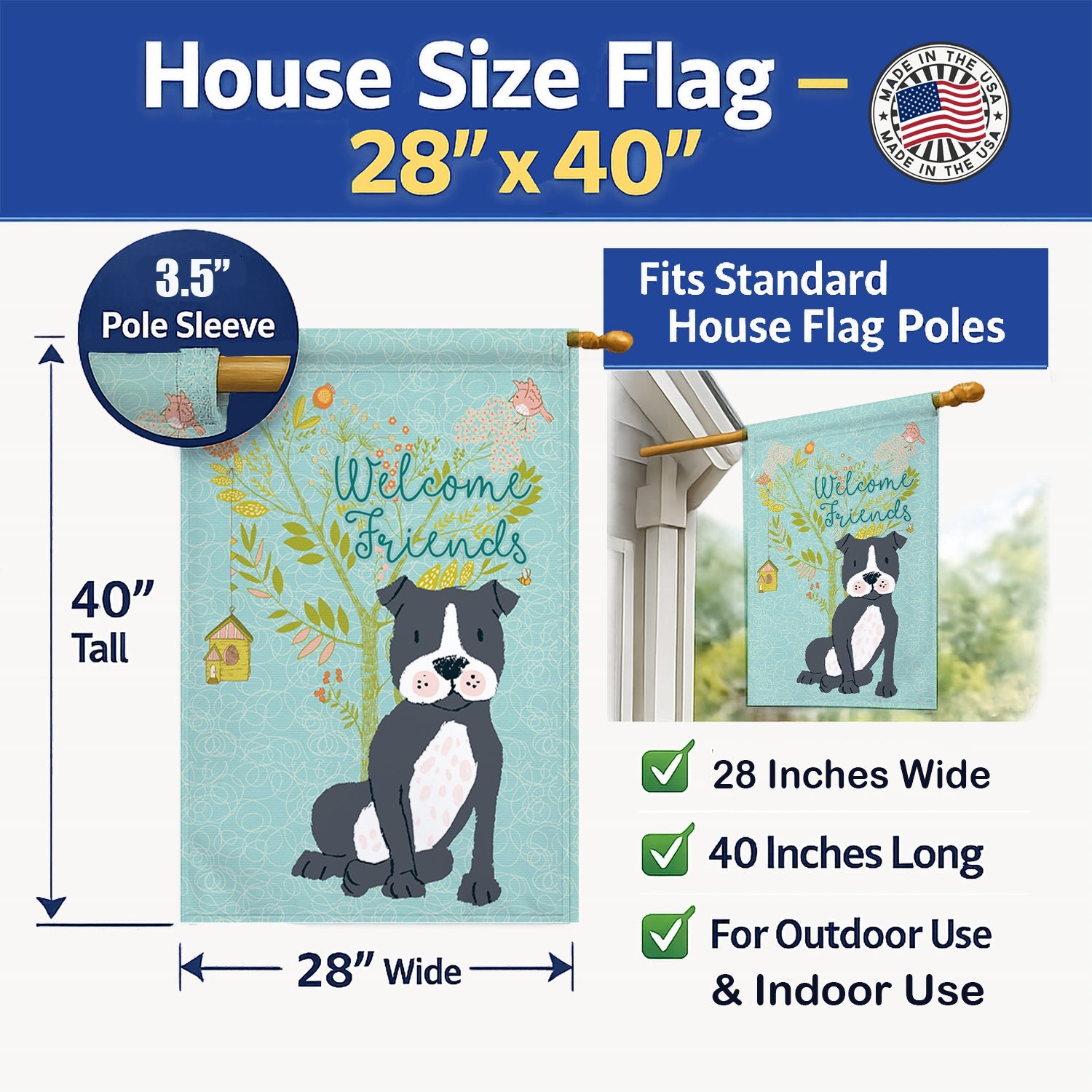 Welcome Friends Black Staffie House Flag 28x40 Porch Sleeve Pole Decorative Outside Yard Banner Artwork Wall Hanging, Polyester
