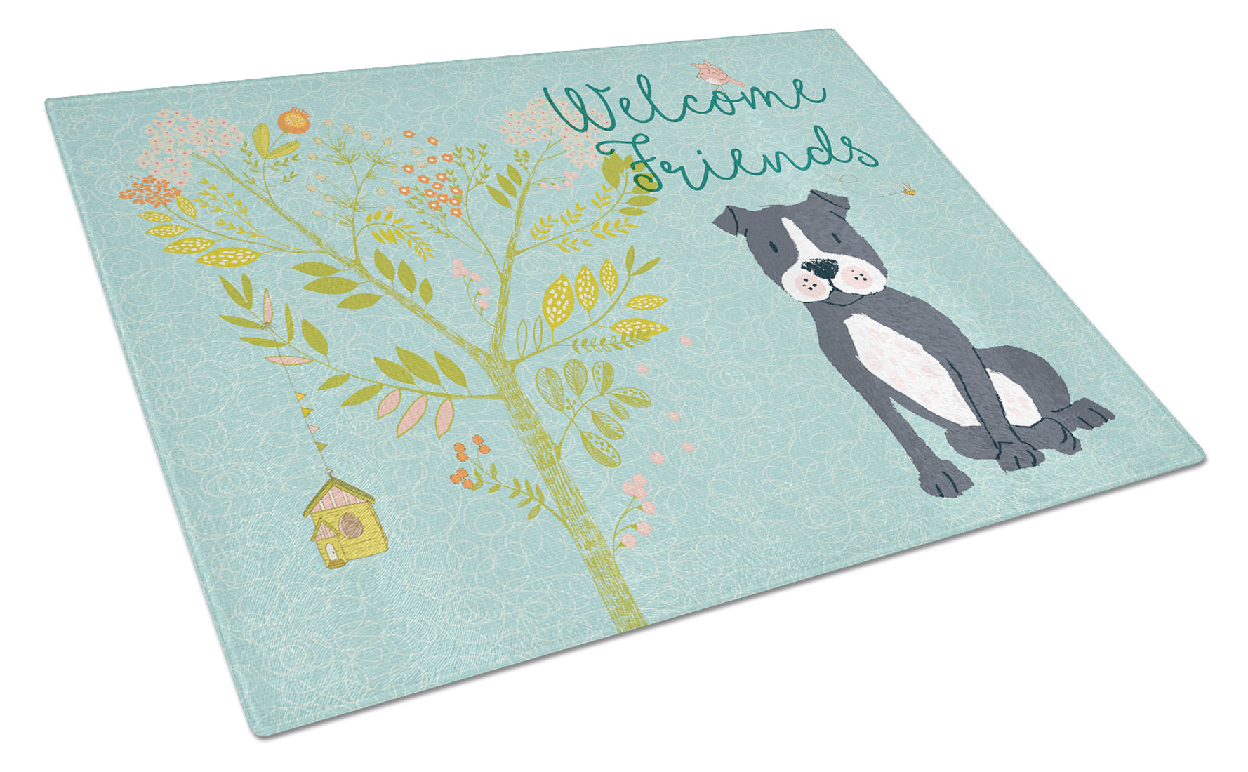 Welcome Friends Black Staffie Cutting Board Tempered Glass Kitchen Cutting Surface, Heat Resistant Chopping, Non-Slip Feet, Food Prep & Serving