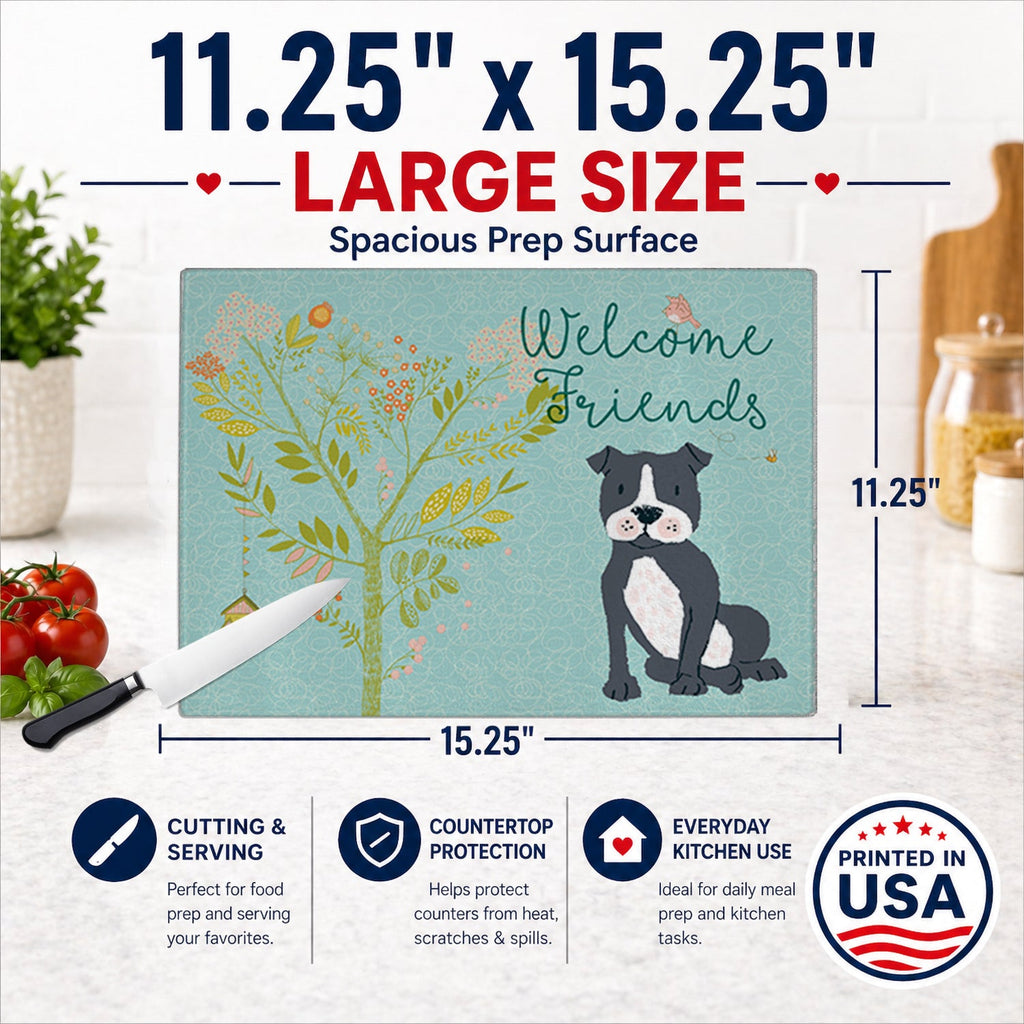 Welcome Friends Black Staffie Cutting Board Tempered Glass Kitchen Cutting Surface, Heat Resistant Chopping, Non-Slip Feet, Food Prep & Serving