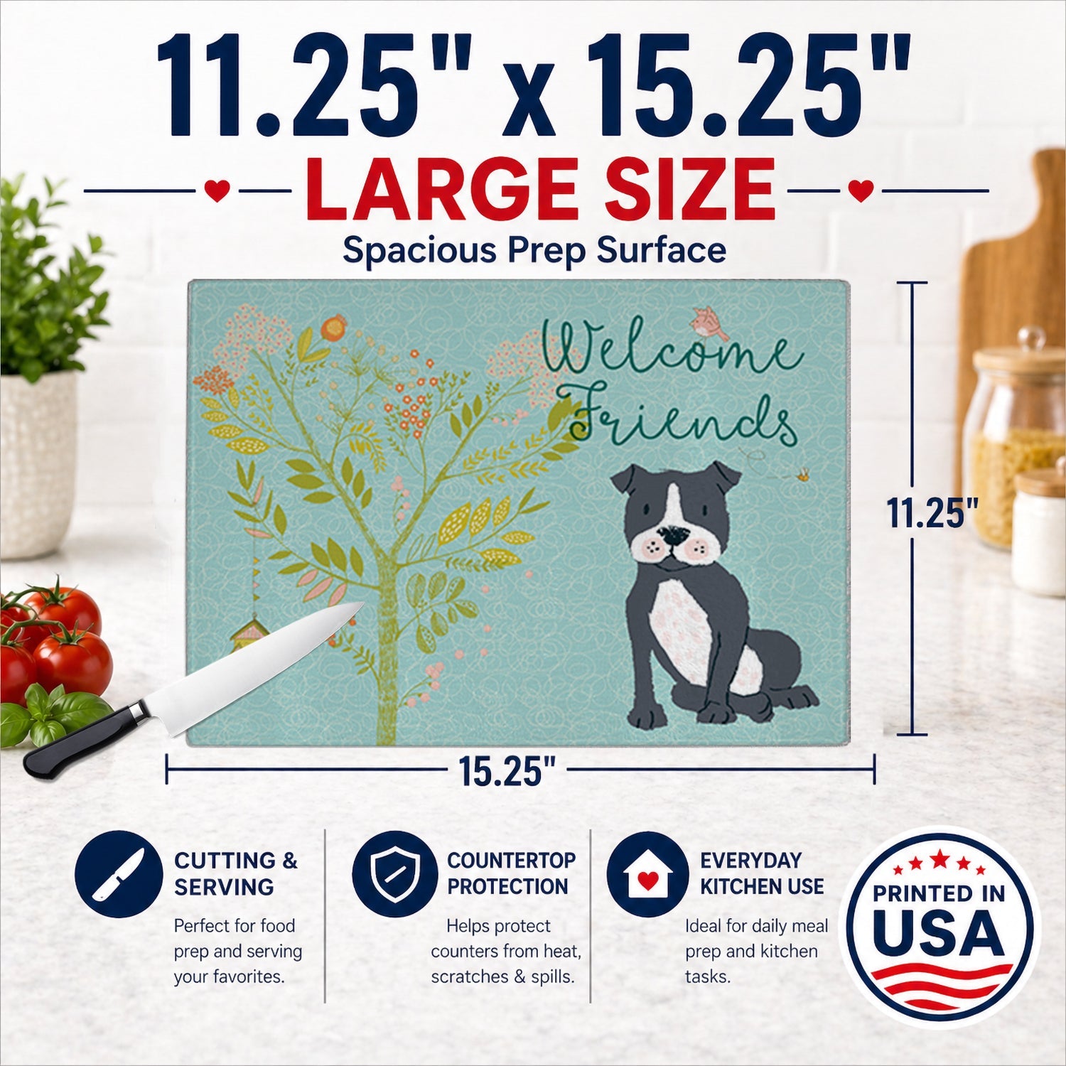 Welcome Friends Black Staffie Cutting Board Tempered Glass Kitchen Cutting Surface, Heat Resistant Chopping, Non-Slip Feet, Food Prep & Serving