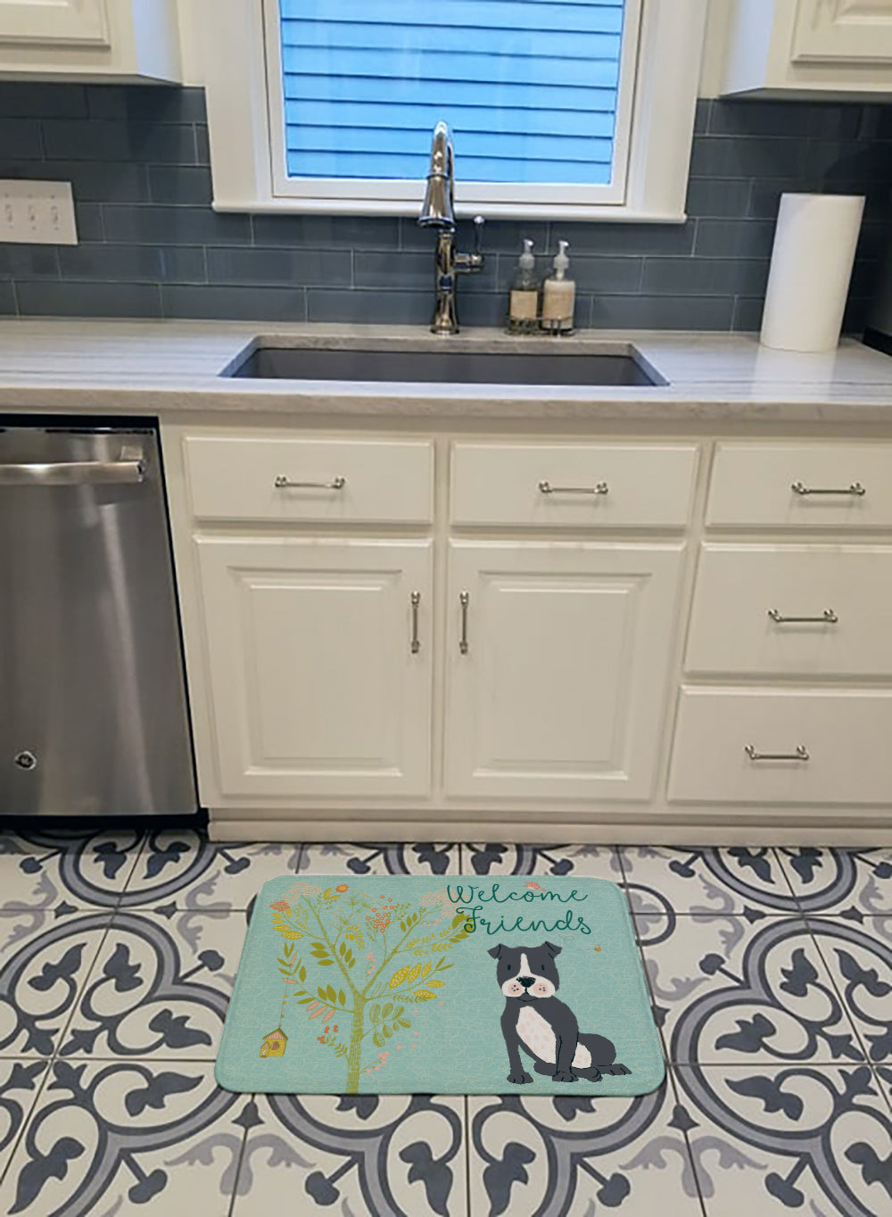 Welcome Friends Black Staffie Memory Foam Kitchen Mat Machine Washable Anti-Fatigue Cushion Comfort Bath or Kitchen Rug