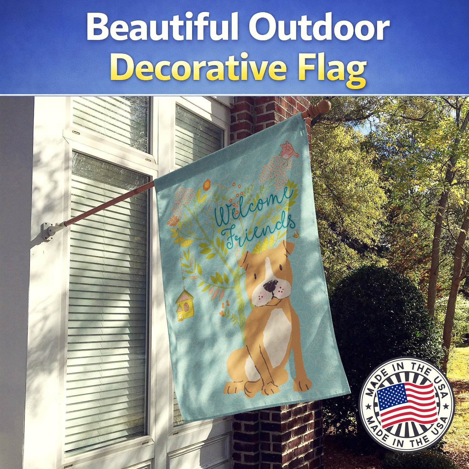 Welcome Friends Brown Staffie House Flag 28x40 Porch Sleeve Pole Decorative Outside Yard Banner Artwork Wall Hanging, Polyester