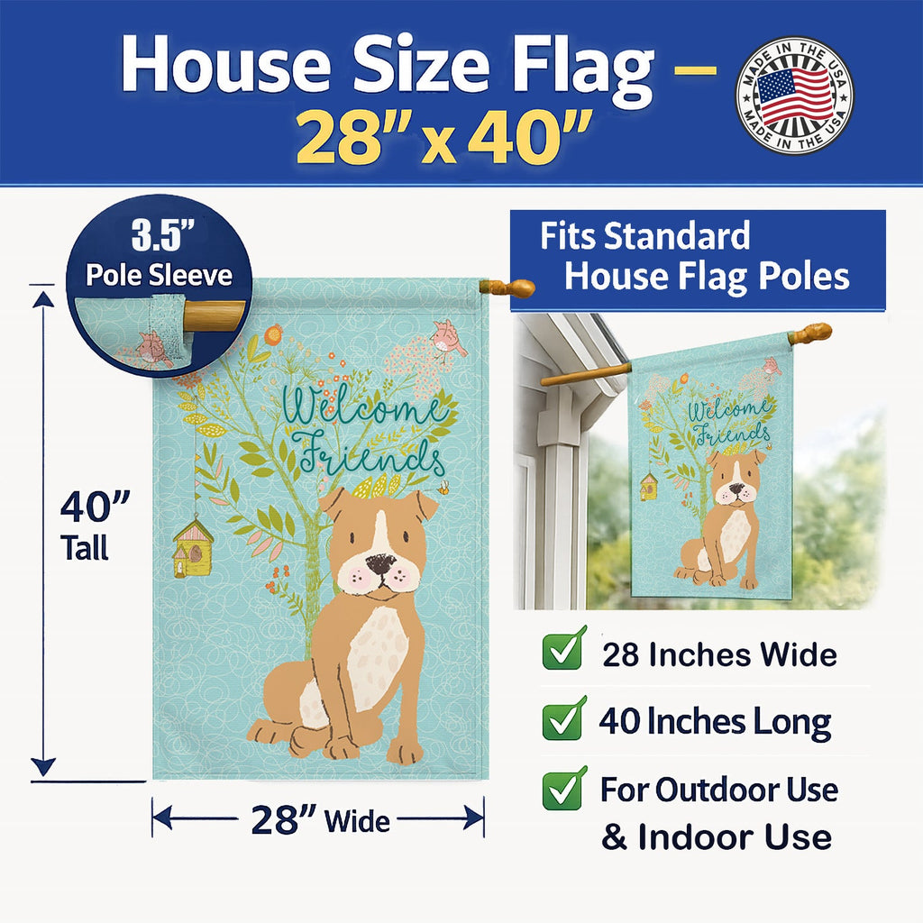 Welcome Friends Brown Staffie House Flag 28x40 Porch Sleeve Pole Decorative Outside Yard Banner Artwork Wall Hanging, Polyester