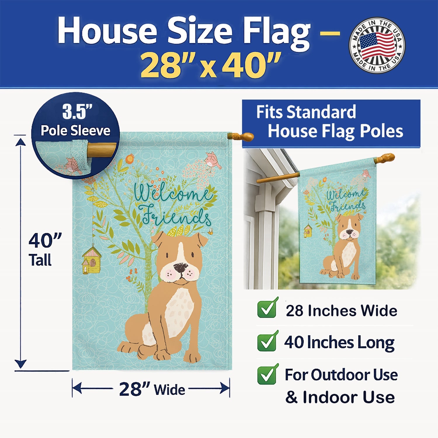 Welcome Friends Brown Staffie House Flag 28x40 Porch Sleeve Pole Decorative Outside Yard Banner Artwork Wall Hanging, Polyester