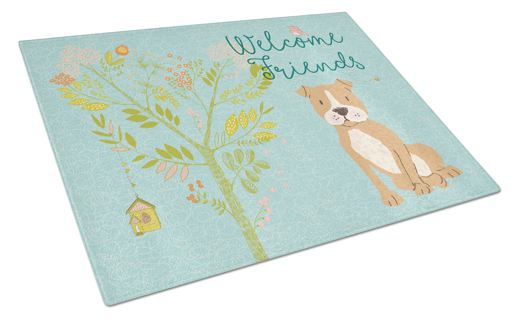 Welcome Friends Brown Staffie Cutting Board Tempered Glass Kitchen Cutting Surface, Heat Resistant Chopping, Non-Slip Feet, Food Prep & Serving