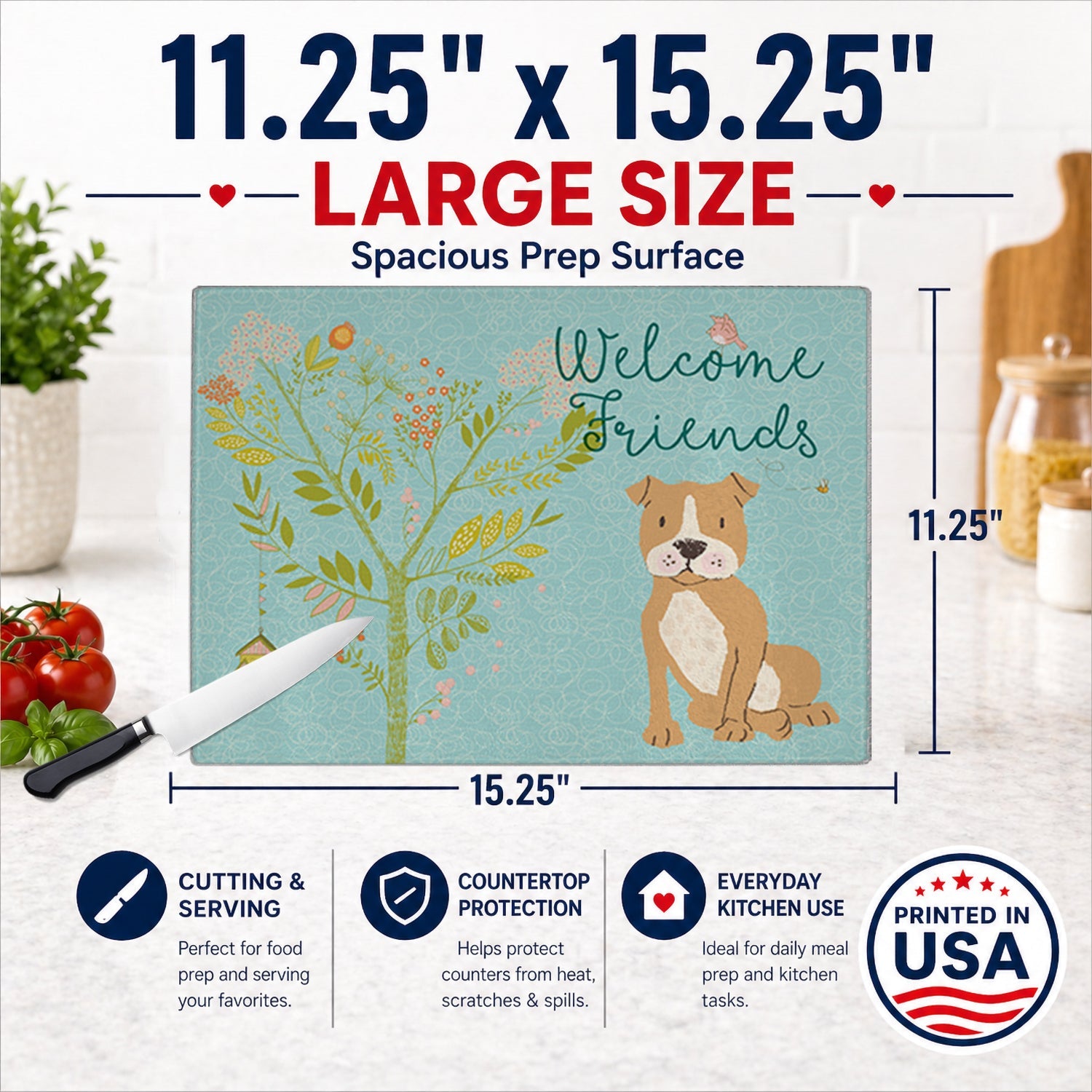 Welcome Friends Brown Staffie Cutting Board Tempered Glass Kitchen Cutting Surface, Heat Resistant Chopping, Non-Slip Feet, Food Prep & Serving