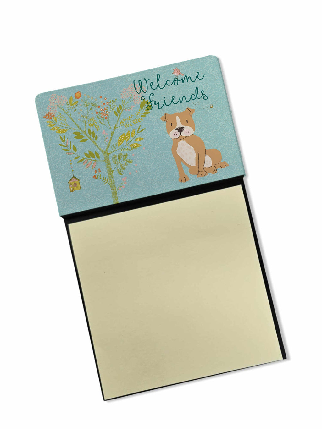 Welcome Friends Brown Staffie Watercolor Sticky Note Holder Refillable Dispenser Desk Accessory 3x3 Pad Gift
