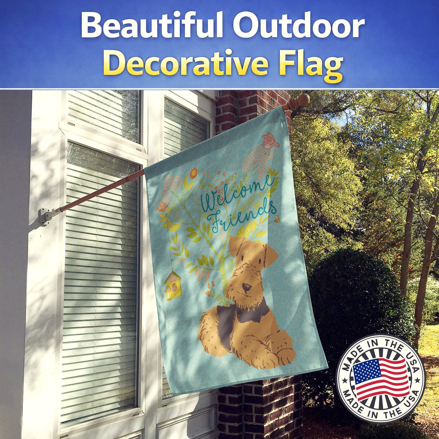 Welcome Friends Airedale Terrier House Flag 28x40 Porch Sleeve Pole Decorative Outside Yard Banner Artwork Wall Hanging, Polyester