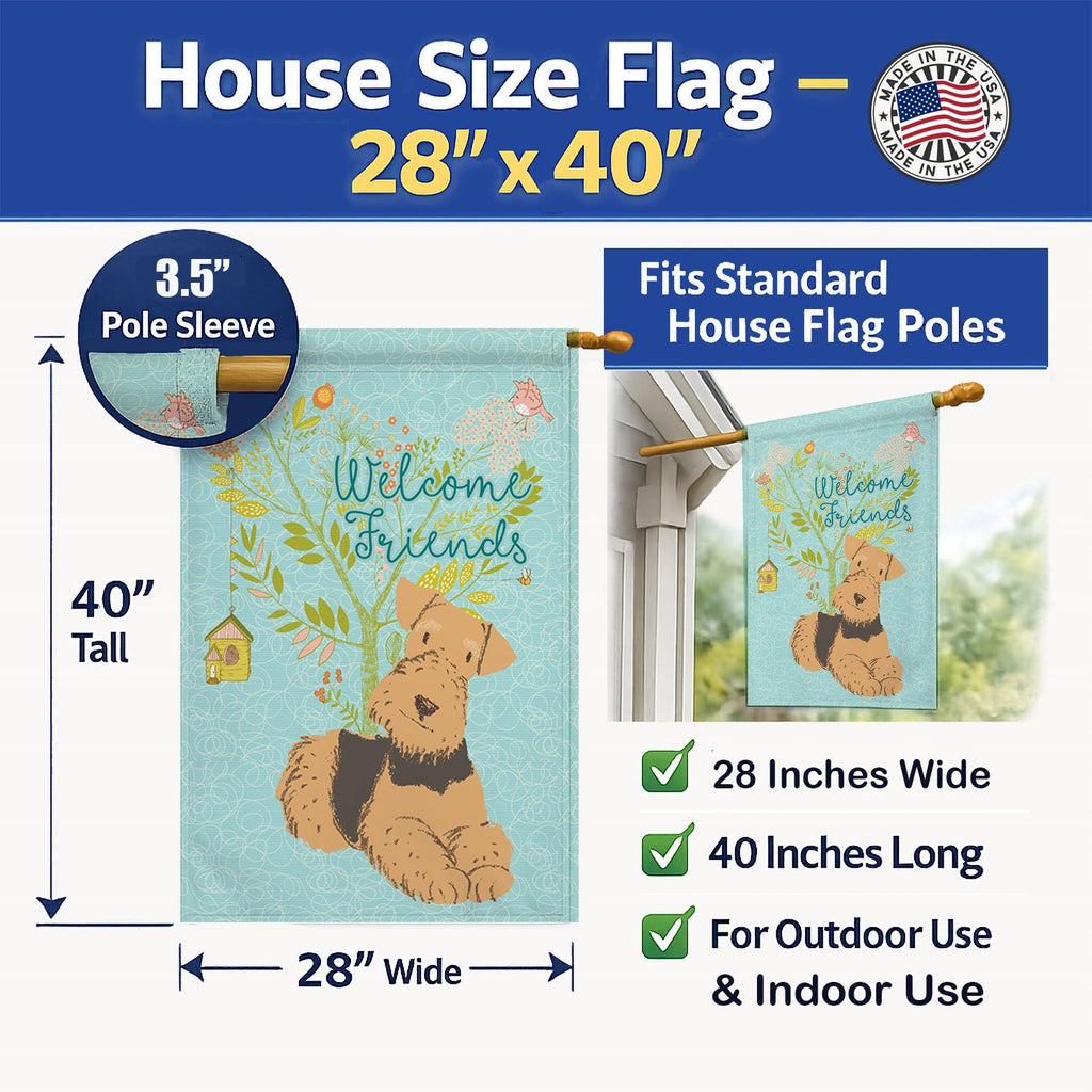 Welcome Friends Airedale Terrier House Flag 28x40 Porch Sleeve Pole Decorative Outside Yard Banner Artwork Wall Hanging, Polyester