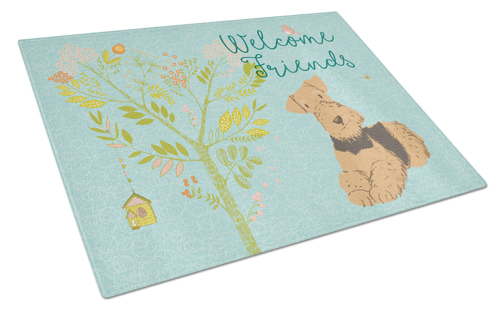 Welcome Friends Airedale Terrier Cutting Board Tempered Glass Kitchen Cutting Surface, Heat Resistant Chopping, Non-Slip Feet, Food Prep & Serving