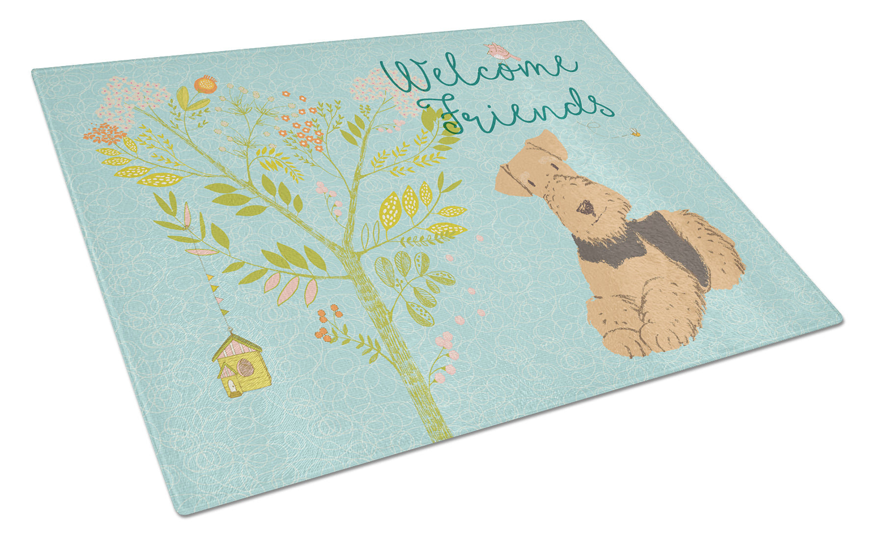 Welcome Friends Airedale Terrier Cutting Board Tempered Glass Kitchen Cutting Surface, Heat Resistant Chopping, Non-Slip Feet, Food Prep & Serving