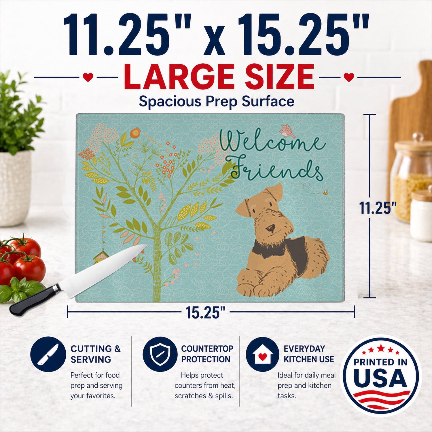 Welcome Friends Airedale Terrier Cutting Board Tempered Glass Kitchen Cutting Surface, Heat Resistant Chopping, Non-Slip Feet, Food Prep & Serving