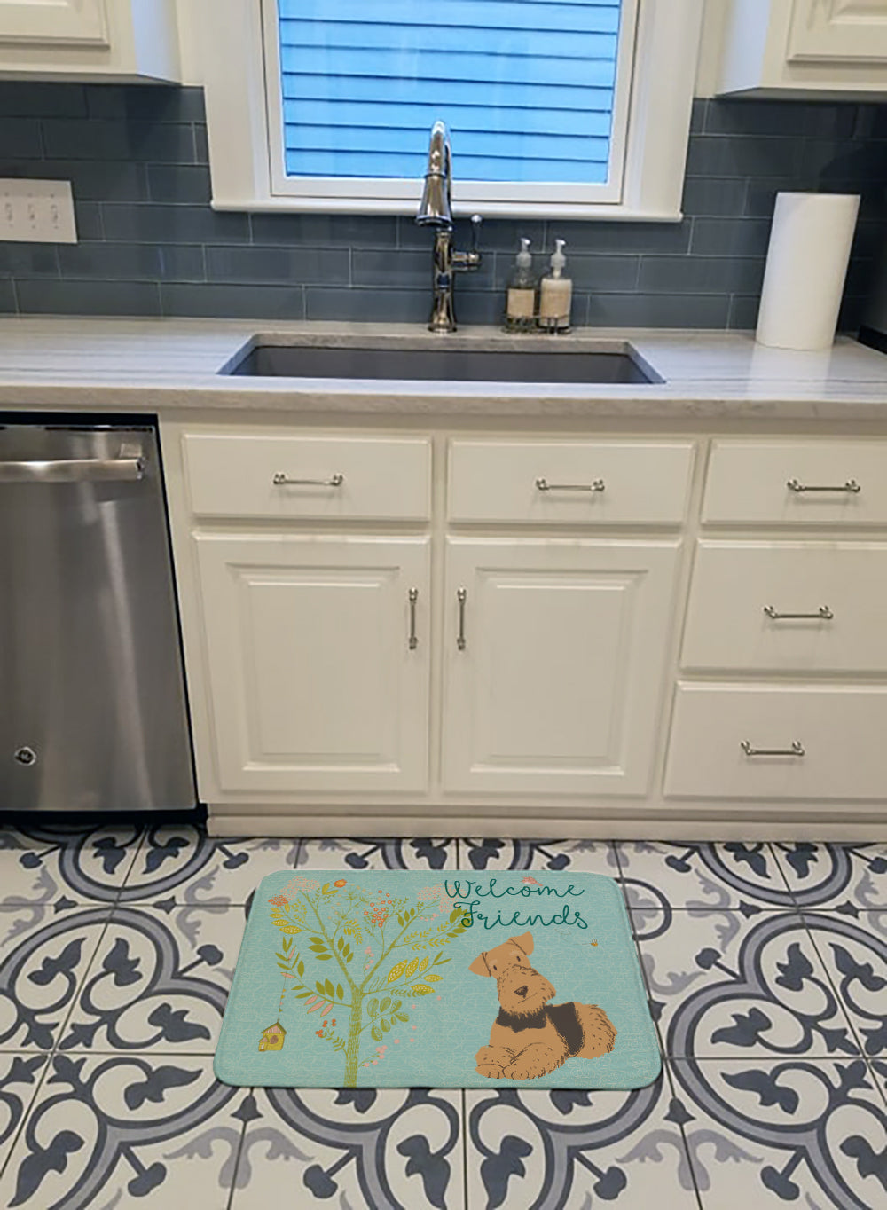 Welcome Friends Airedale Terrier Memory Foam Kitchen Mat Machine Washable Anti-Fatigue Cushion Comfort Bath or Kitchen Rug