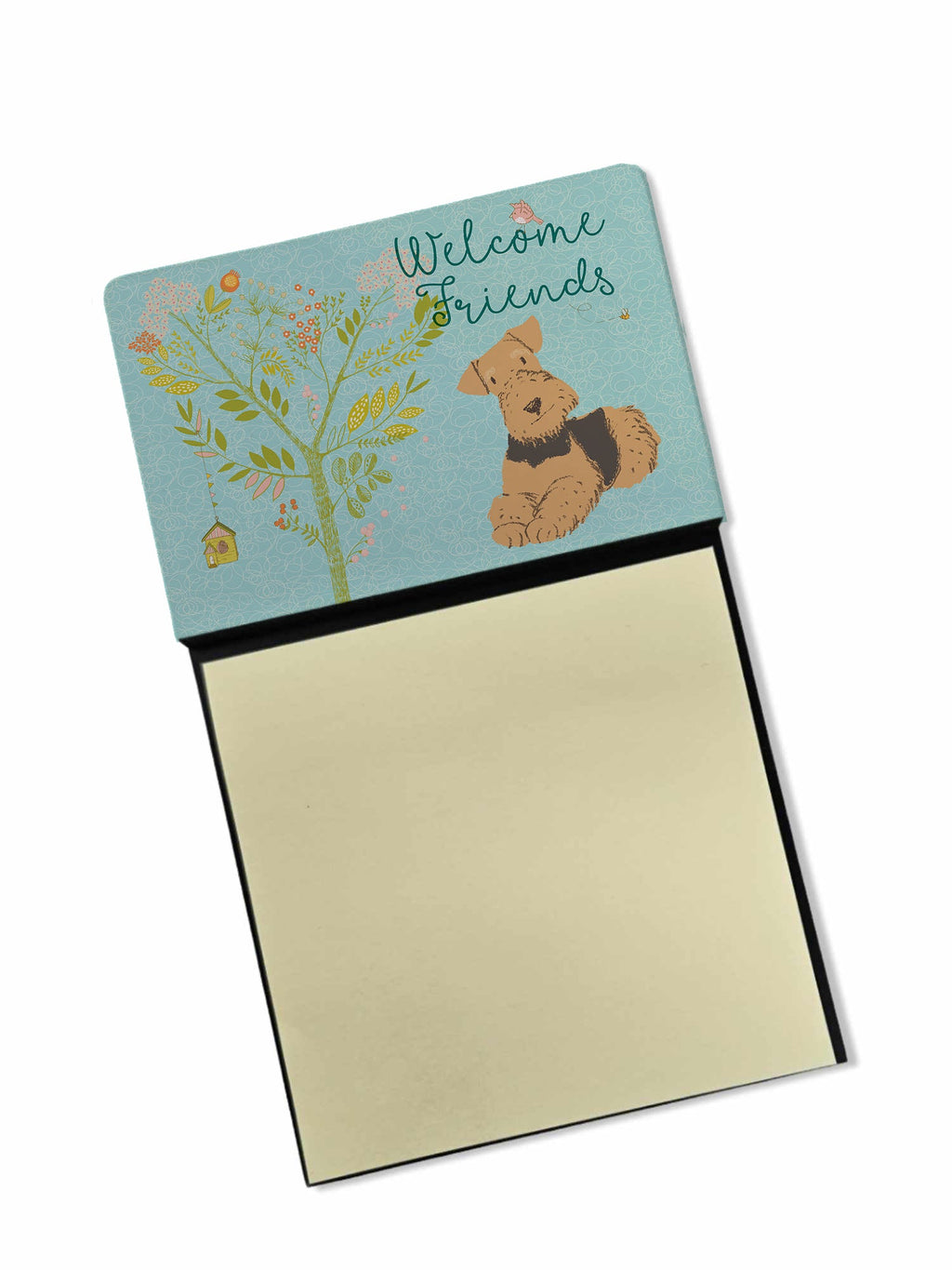 Welcome Friends Airedale Terrier Watercolor Sticky Note Holder Refillable Dispenser Desk Accessory 3x3 Pad Gift