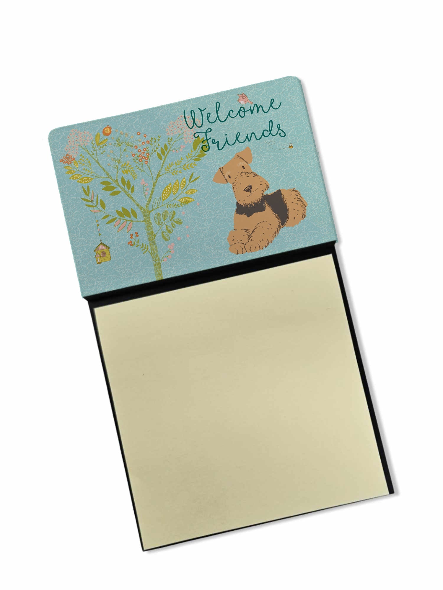 Welcome Friends Airedale Terrier Watercolor Sticky Note Holder Refillable Dispenser Desk Accessory 3x3 Pad Gift