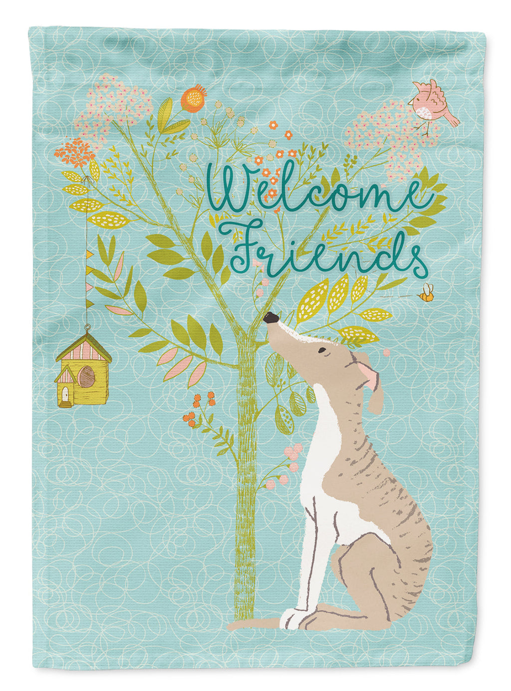 Welcome Friends Whippet House Flag 28x40 Porch Sleeve Pole Decorative Outside Yard Banner Artwork Wall Hanging, Polyester