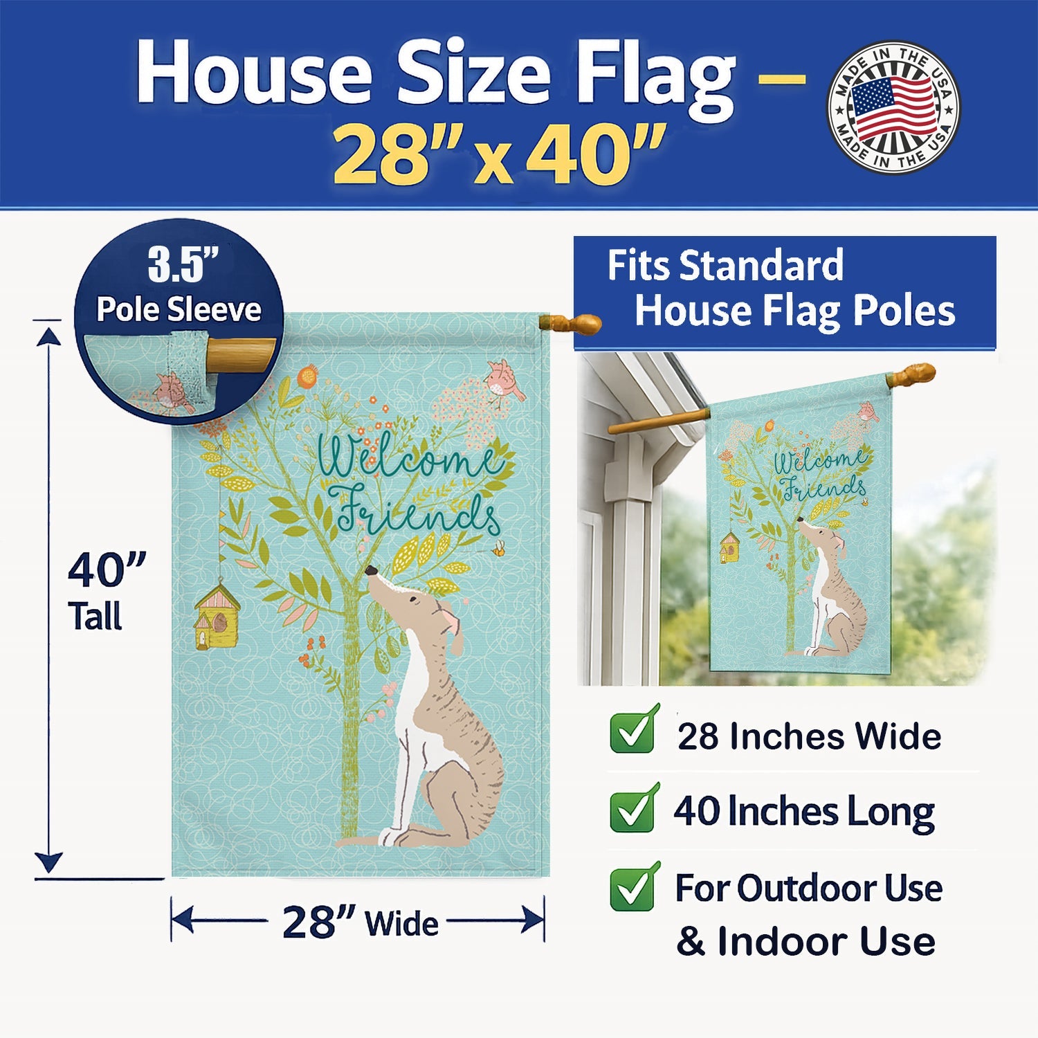 Welcome Friends Whippet House Flag 28x40 Porch Sleeve Pole Decorative Outside Yard Banner Artwork Wall Hanging, Polyester
