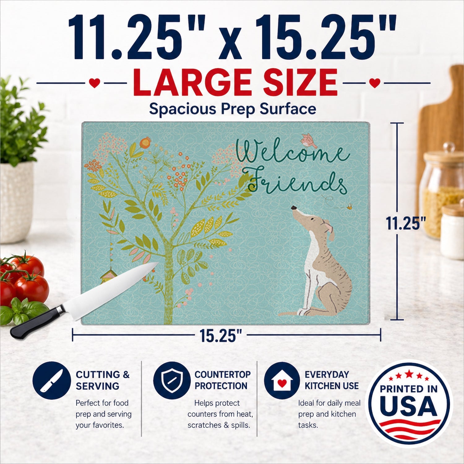 Welcome Friends Whippet Cutting Board Tempered Glass Kitchen Cutting Surface, Heat Resistant Chopping, Non-Slip Feet, Food Prep & Serving