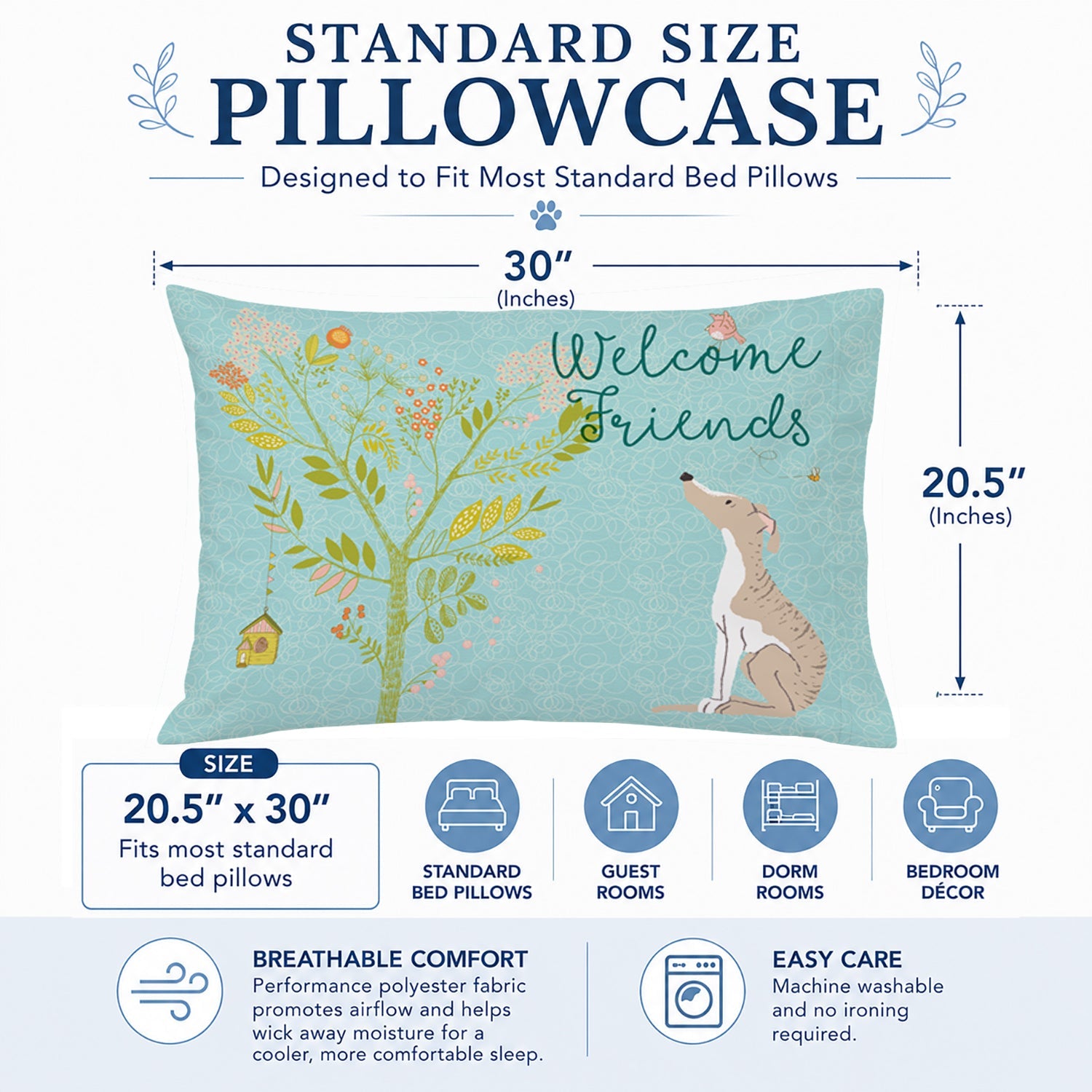 Welcome Friends Whippet Standard Pillowcase Lightweight Super Soft Easy Care Decorative Artwork Pillowcase, Standard