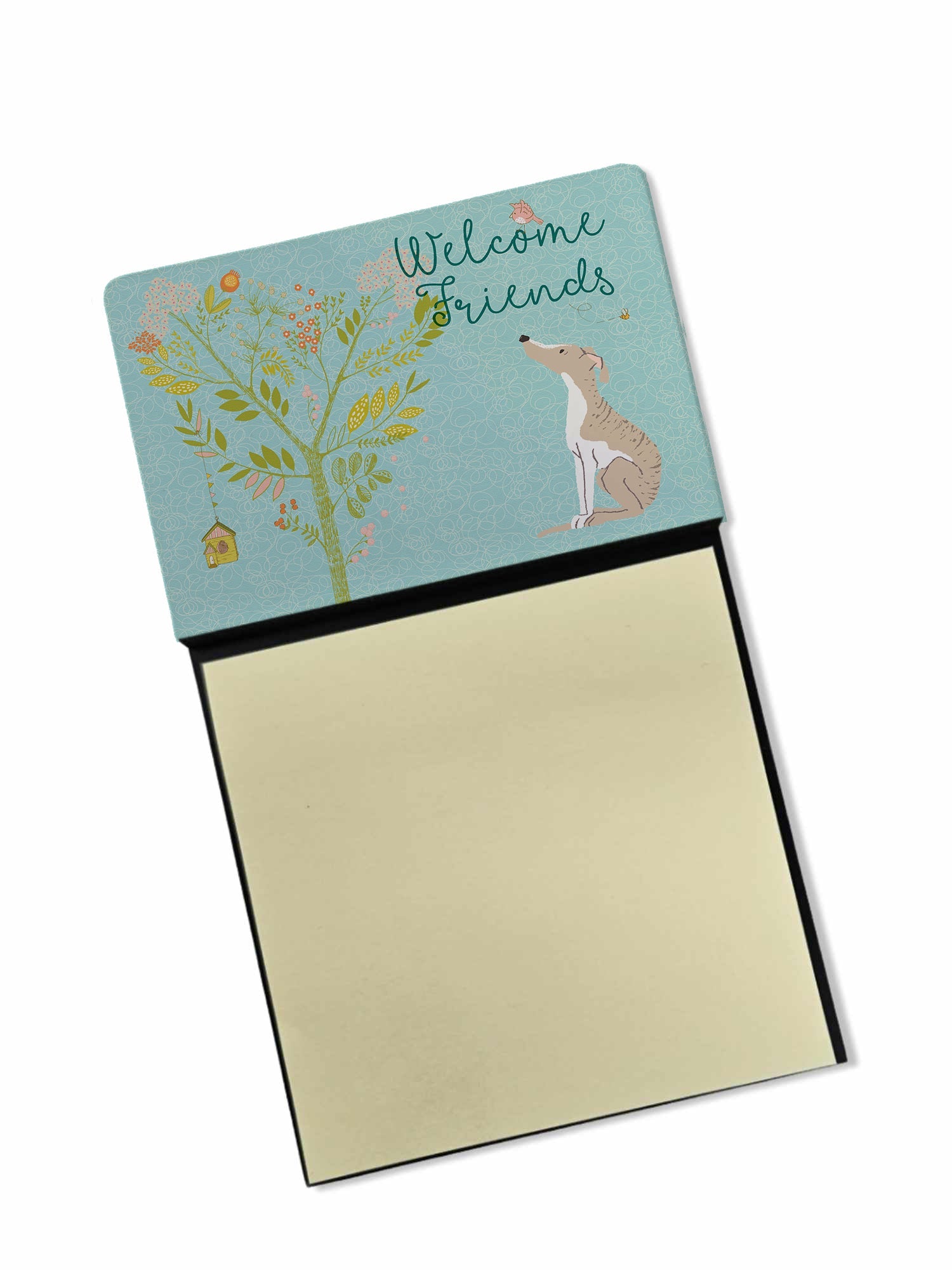 Welcome Friends Whippet Watercolor Sticky Note Holder Refillable Dispenser Desk Accessory 3x3 Pad Gift
