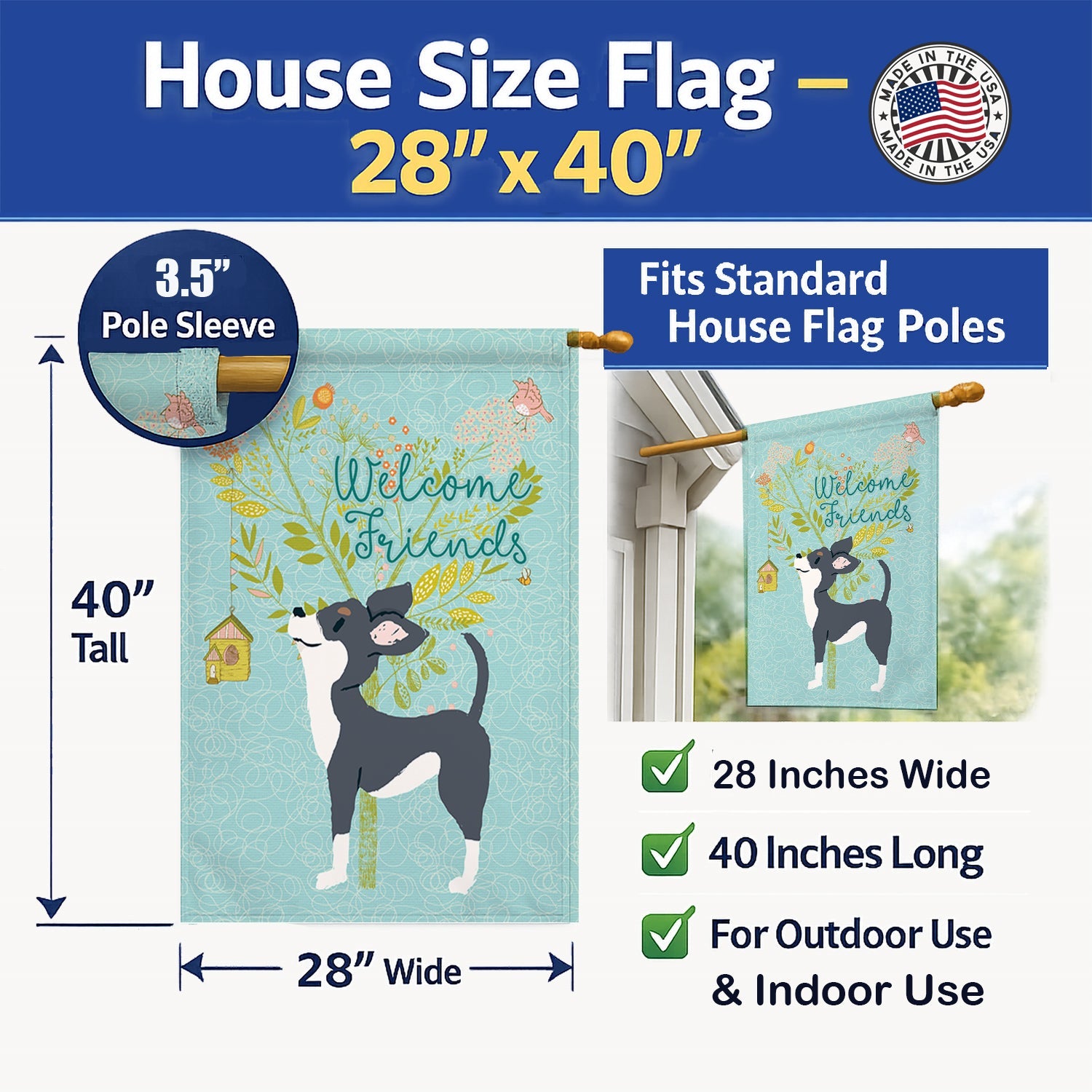 Welcome Friends Black White Chihuahua House Flag 28x40 Porch Sleeve Pole Decorative Outside Yard Banner Artwork Wall Hanging, Polyester
