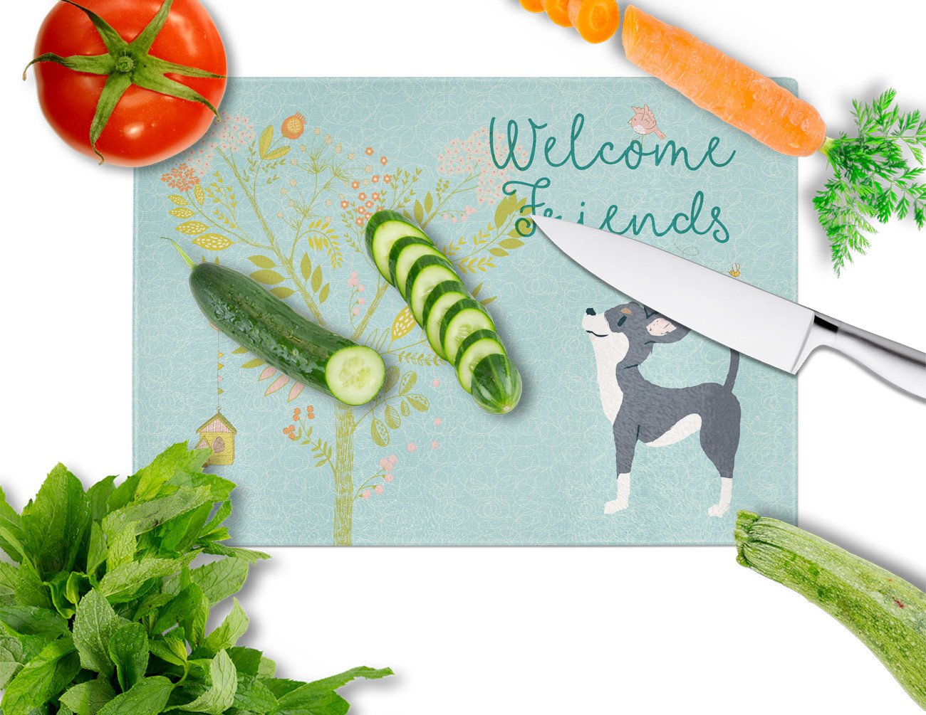 Welcome Friends Black White Chihuahua Cutting Board Tempered Glass Kitchen Cutting Surface, Heat Resistant Chopping, Non-Slip Feet, Food Prep & Serving