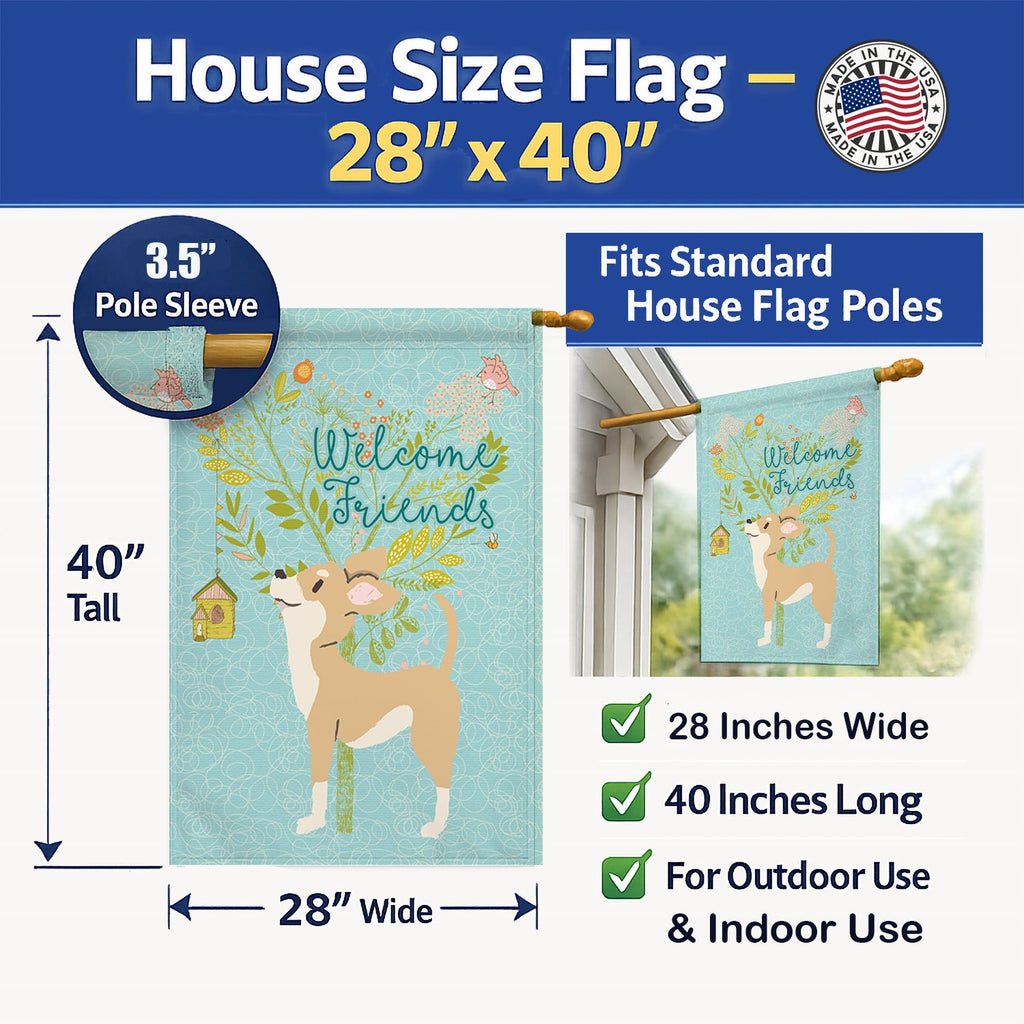 Welcome Friends Brown White Chihuahua House Flag 28x40 Porch Sleeve Pole Decorative Outside Yard Banner Artwork Wall Hanging, Polyester