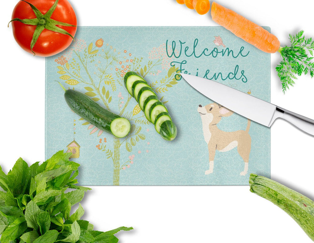 Welcome Friends Brown White Chihuahua Cutting Board Tempered Glass Kitchen Cutting Surface, Heat Resistant Chopping, Non-Slip Feet, Food Prep & Serving