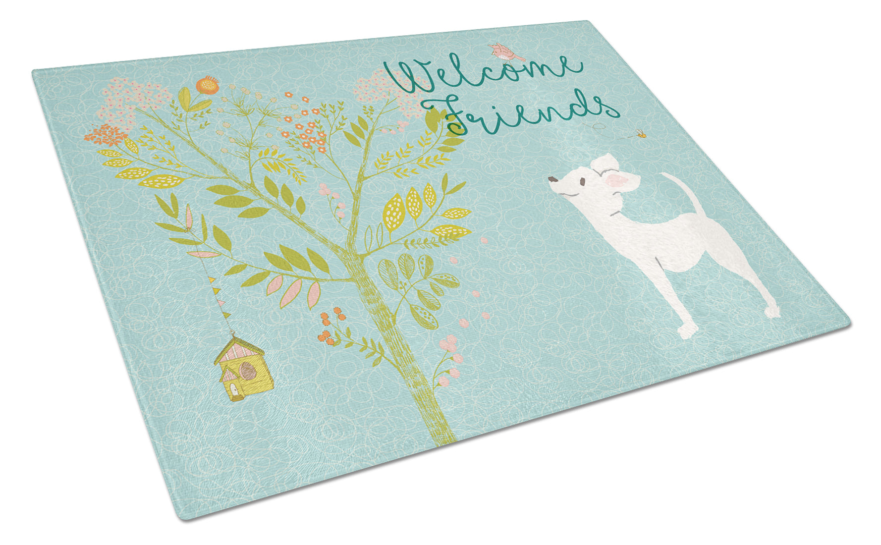Welcome Friends White Chihuahua Cutting Board Tempered Glass Kitchen Cutting Surface, Heat Resistant Chopping, Non-Slip Feet, Food Prep & Serving