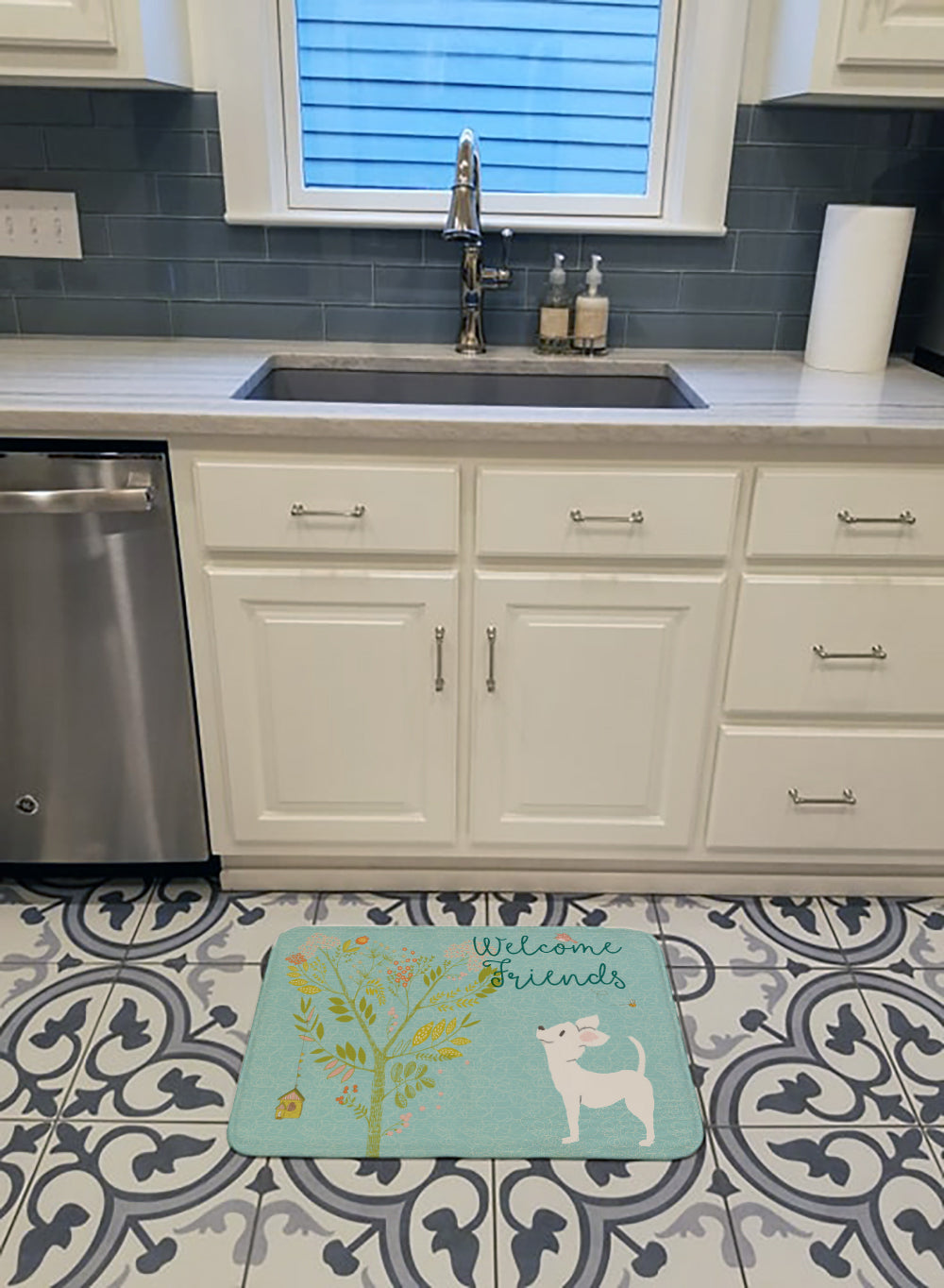 Welcome Friends White Chihuahua Memory Foam Kitchen Mat Machine Washable Anti-Fatigue Cushion Comfort Bath or Kitchen Rug