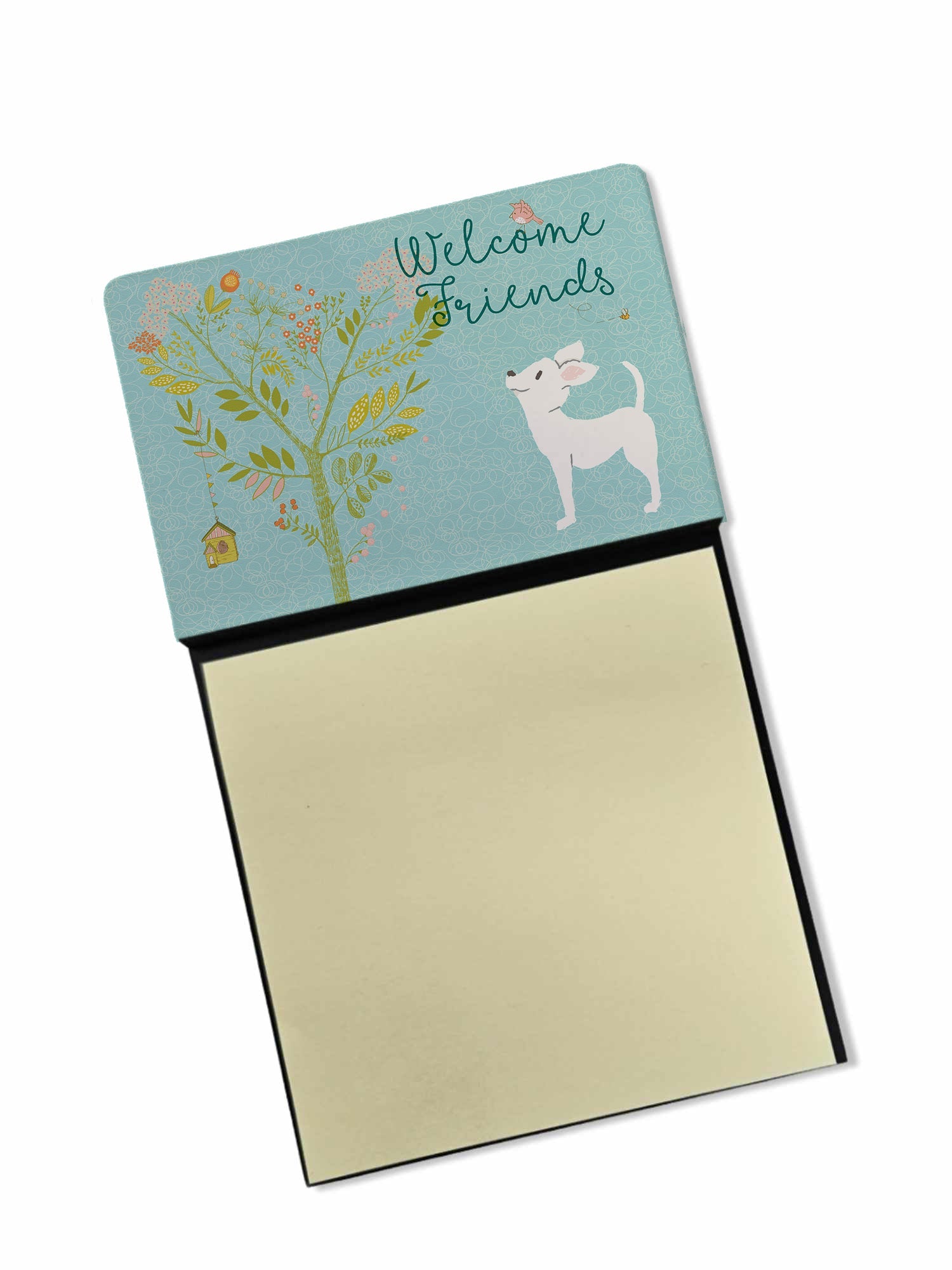 Welcome Friends White Chihuahua Watercolor Sticky Note Holder Refillable Dispenser Desk Accessory 3x3 Pad Gift