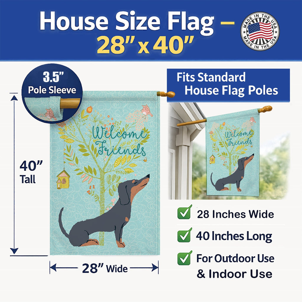 Welcome Friends Black Tan Dachshund House Flag 28x40 Porch Sleeve Pole Decorative Outside Yard Banner Artwork Wall Hanging, Polyester