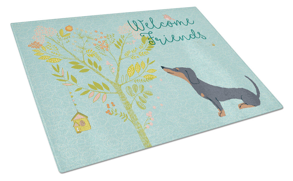 Welcome Friends Black Tan Dachshund Cutting Board Tempered Glass Kitchen Cutting Surface, Heat Resistant Chopping, Non-Slip Feet, Food Prep & Serving