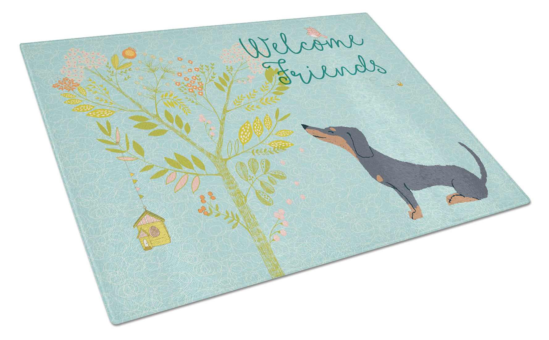 Welcome Friends Black Tan Dachshund Cutting Board Tempered Glass Kitchen Cutting Surface, Heat Resistant Chopping, Non-Slip Feet, Food Prep & Serving