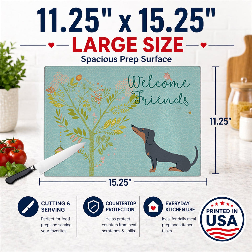 Welcome Friends Black Tan Dachshund Cutting Board Tempered Glass Kitchen Cutting Surface, Heat Resistant Chopping, Non-Slip Feet, Food Prep & Serving